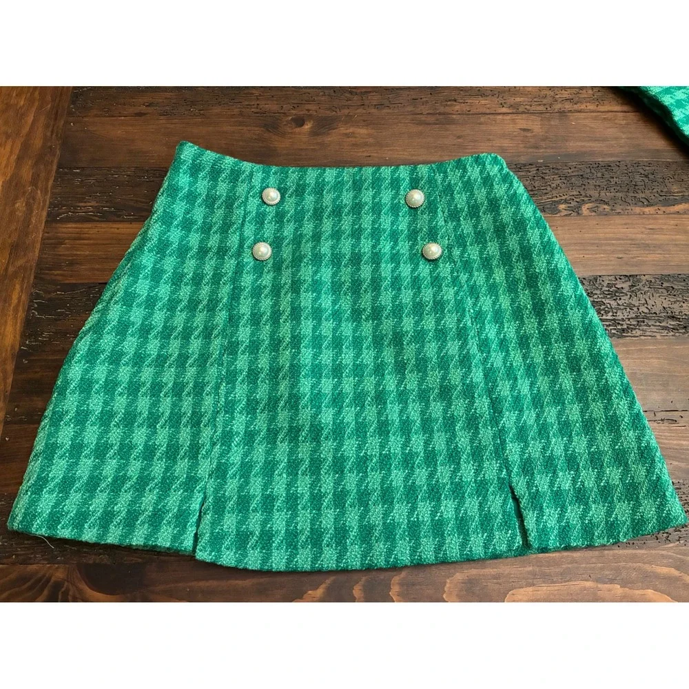 Ciay Bell Cropped Tweed Blazer Mini Skirt 2 Piece Set Women's Medium Houndstooth